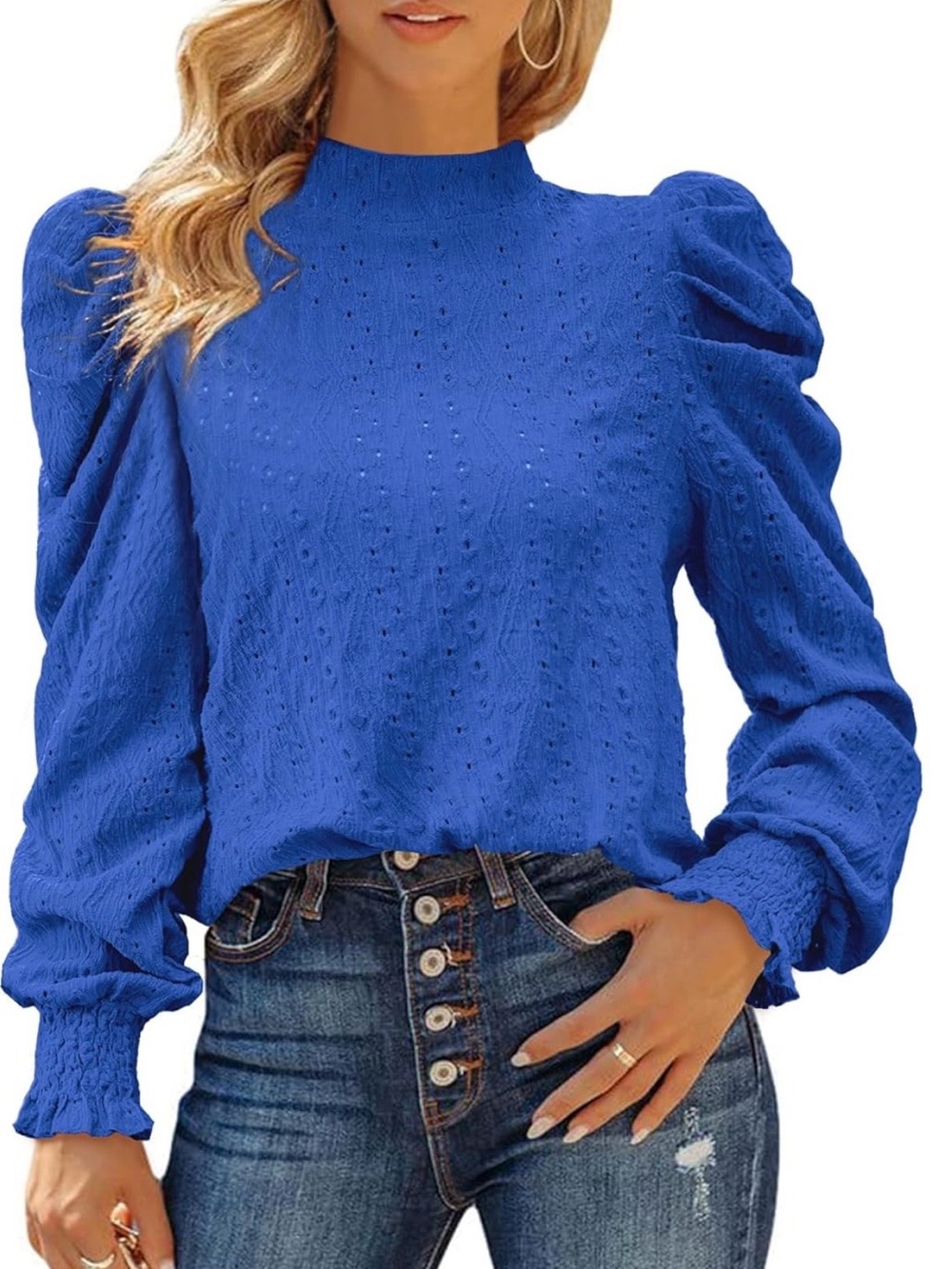 HOTOUCH Royal Blue Eyelet Puff Sleeve Blouse – Women’s Large – NWT